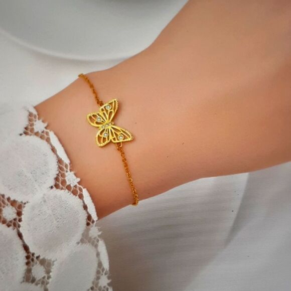 New 18K Gold Plated Titanium Steel Butterfly Bracelet Women's New In Box - Picture 1 of 3
